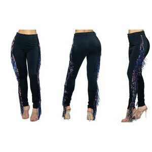 K Too L High Waist Black Fringed Sequin Sexy Party Pants Punchy Western Cochella